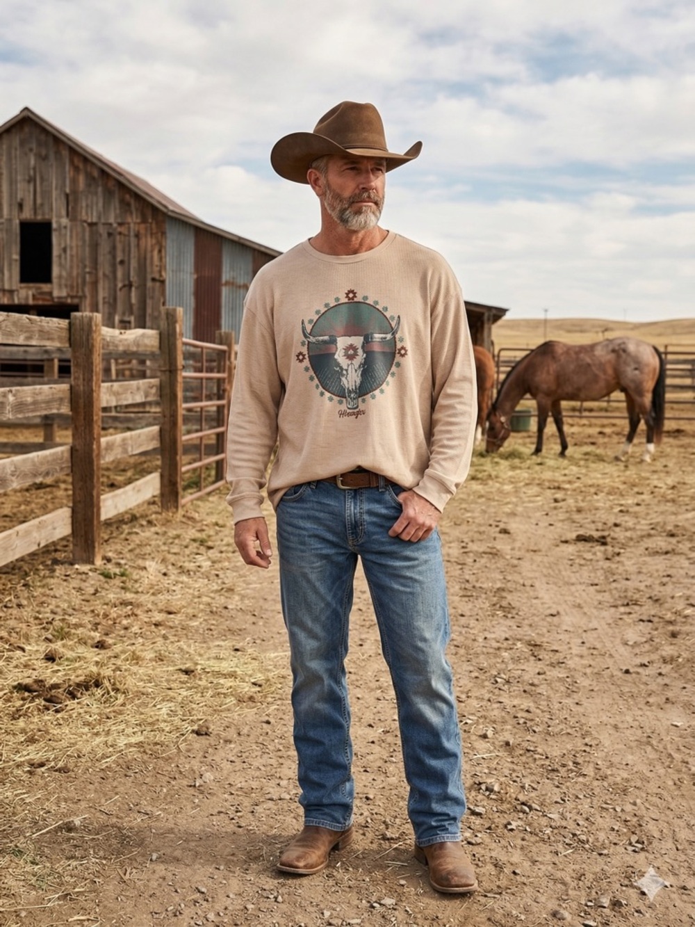 Wrangler Men's Tan Thermal Casual Longhorn Skull Indian Print Shirt Size XXL New